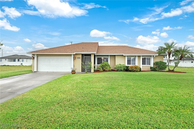 ranch-style home with a front lawn and a garage