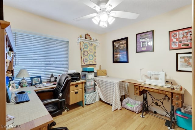 office area with light hardwood / wood-style flooring and ceiling fan