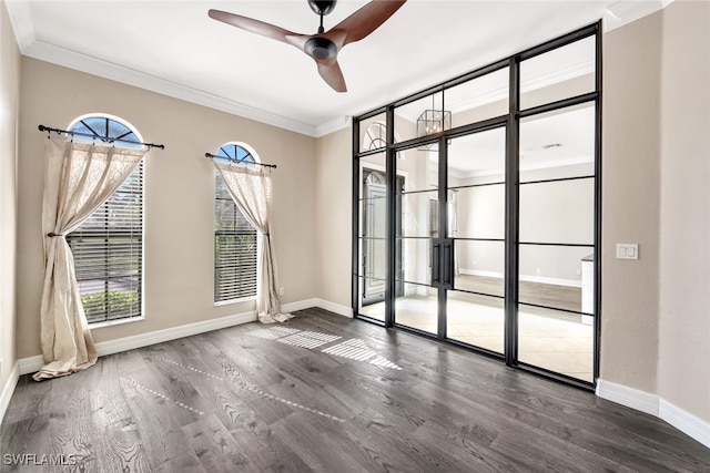 spare room featuring a wealth of natural light, dark hardwood / wood-style flooring, ceiling fan, and crown molding