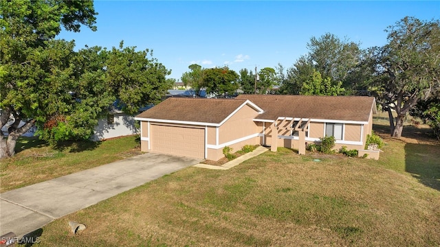 ranch-style home featuring a garage and a front lawn