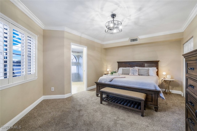 bedroom featuring multiple windows, ensuite bathroom, crown molding, and light carpet