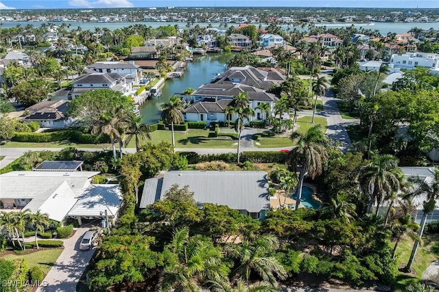 aerial view featuring a water view