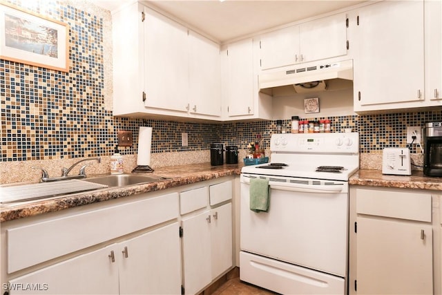 kitchen with white range with electric cooktop, white cabinets, and sink