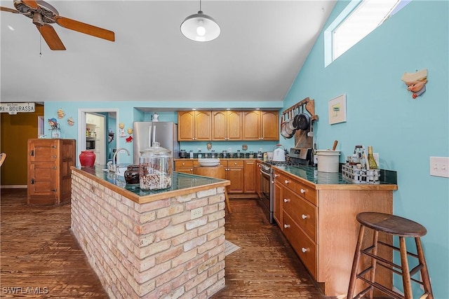 kitchen with a kitchen bar, dark hardwood / wood-style flooring, stainless steel appliances, and lofted ceiling