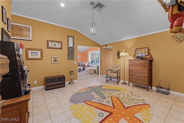 interior space with light tile patterned floors, lofted ceiling, and crown molding