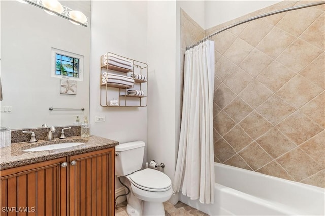 full bathroom featuring vanity, toilet, and shower / bathtub combination with curtain