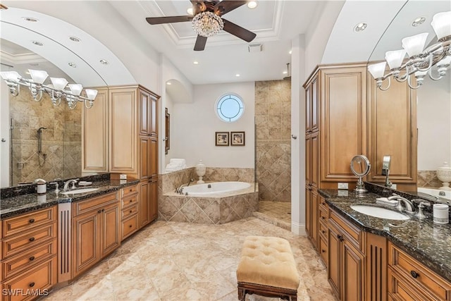 bathroom with vanity, ceiling fan, ornamental molding, and separate shower and tub