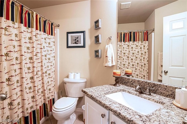 full bathroom with toilet, vanity, tile patterned floors, and shower / tub combo with curtain