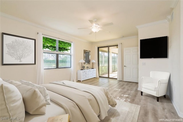 bedroom featuring ornamental molding, access to exterior, ceiling fan, and light wood-type flooring