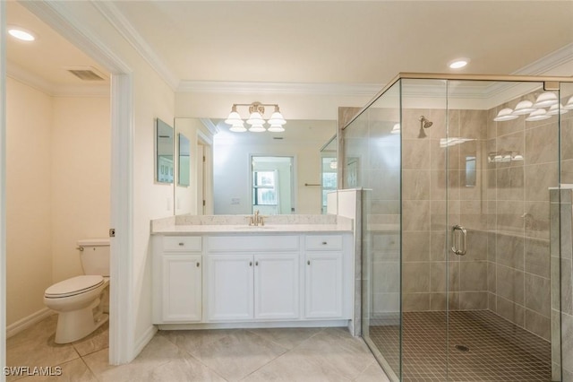 bathroom featuring toilet, tile patterned floors, walk in shower, and vanity