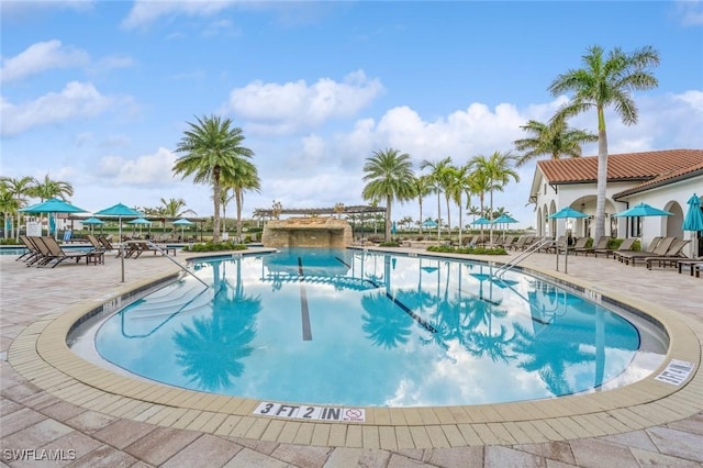 view of swimming pool with a patio