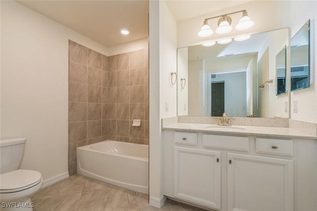 full bathroom with shower / washtub combination, tile patterned flooring, vanity, and toilet