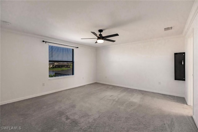 unfurnished room with carpet floors, ceiling fan, and ornamental molding