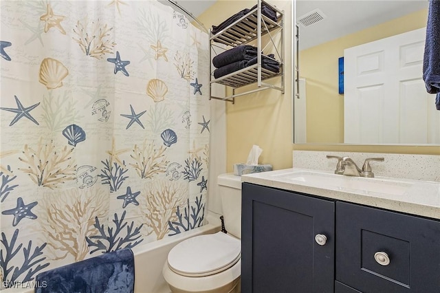 full bathroom with vanity, toilet, and shower / tub combo with curtain