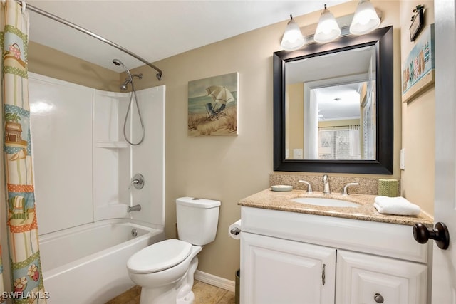 full bathroom with vanity, shower / bath combination with curtain, and toilet