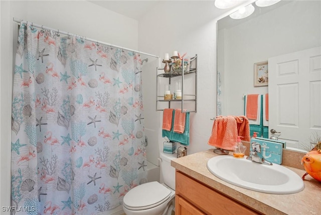 full bathroom featuring vanity, toilet, and shower / tub combo with curtain