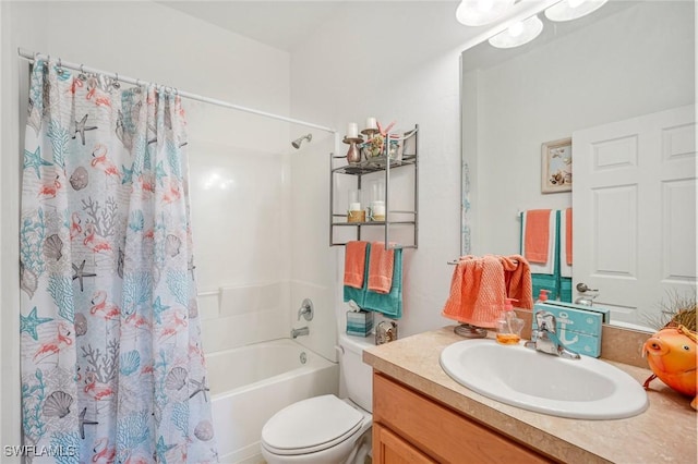 full bathroom featuring shower / tub combo, vanity, and toilet