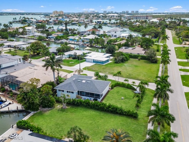 drone / aerial view featuring a water view