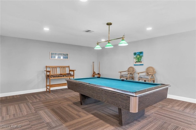 playroom featuring dark carpet and pool table