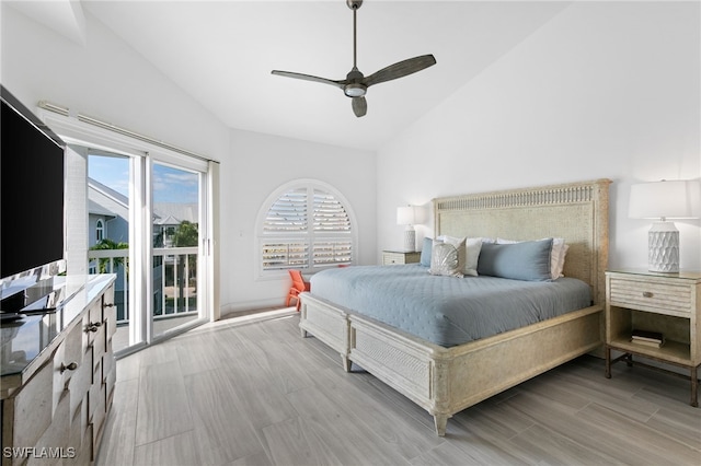 bedroom featuring ceiling fan, access to exterior, and lofted ceiling