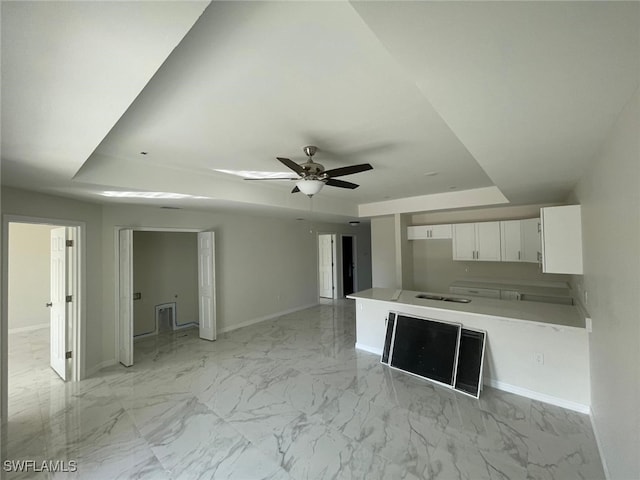 kitchen with white cabinets, ceiling fan, and kitchen peninsula