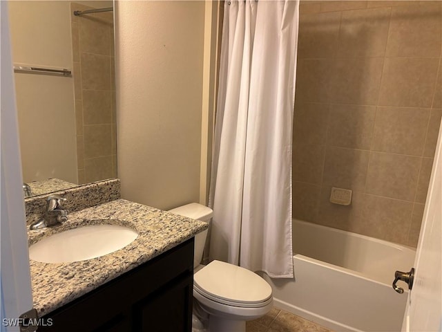 full bathroom featuring toilet, shower / bathtub combination with curtain, and vanity