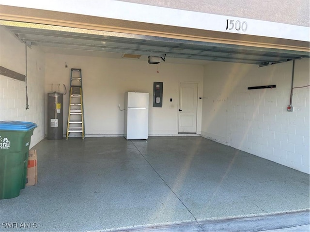 garage with electric panel, white refrigerator, and water heater