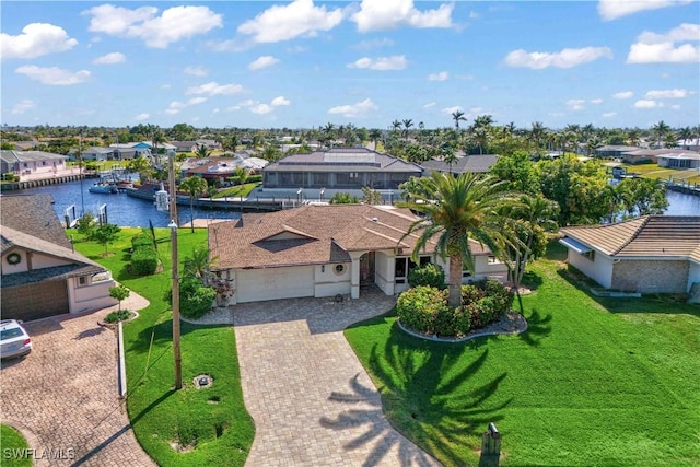 drone / aerial view featuring a water view