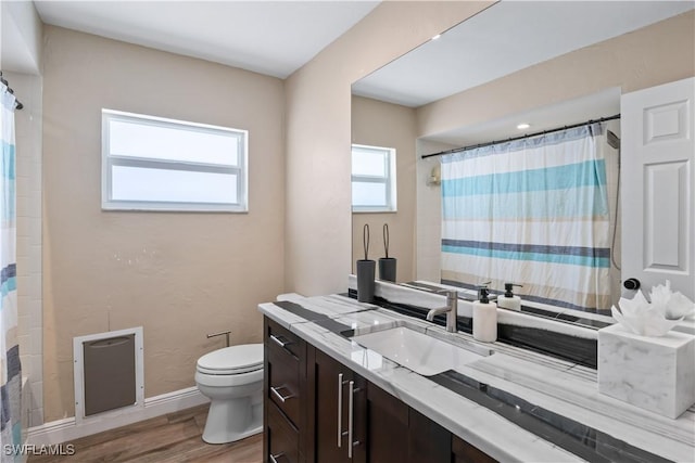 bathroom with hardwood / wood-style floors, vanity, and toilet