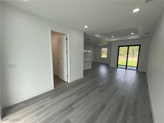 unfurnished room featuring wood-type flooring and a tray ceiling