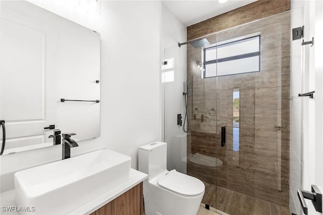 bathroom with vanity, toilet, and a shower with shower door