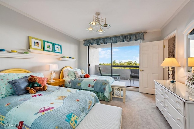 bedroom featuring access to outside, light carpet, and crown molding