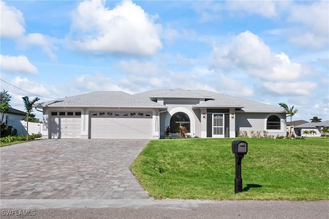 view of front of house with a front yard and a garage