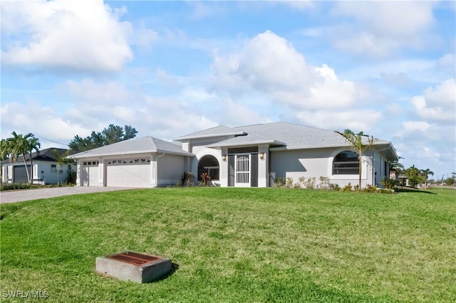 ranch-style home featuring a front yard and a garage