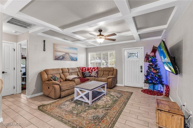 living room with beamed ceiling, ceiling fan, and coffered ceiling