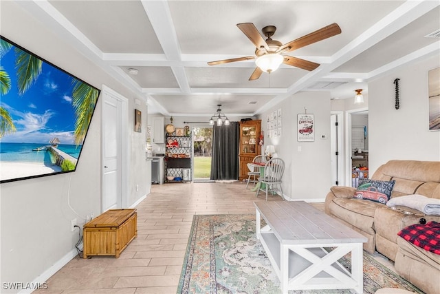 living room with beam ceiling, ceiling fan with notable chandelier, coffered ceiling, and light wood-type flooring