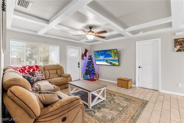 tiled living room with ceiling fan, beam ceiling, and coffered ceiling