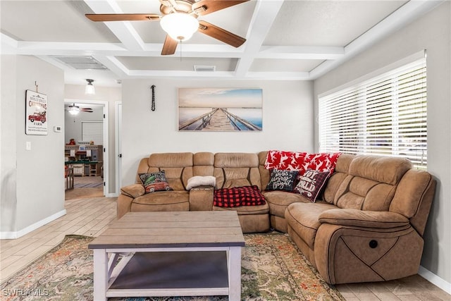 living room featuring beamed ceiling, hardwood / wood-style floors, and coffered ceiling