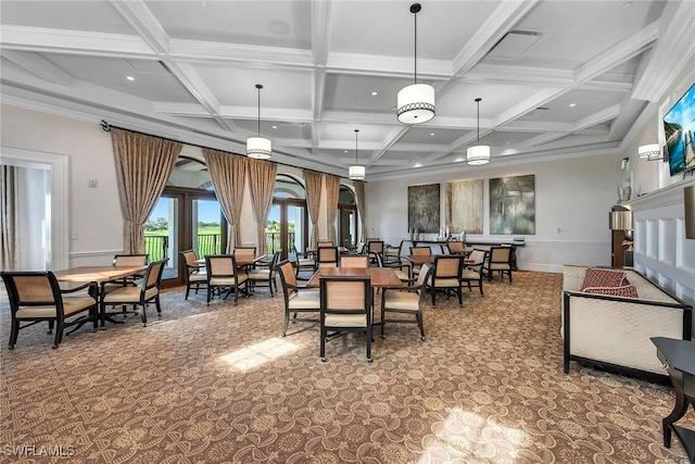 carpeted dining space with beam ceiling, crown molding, and coffered ceiling