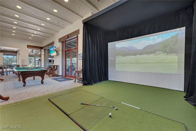 game room with carpet, golf simulator, beamed ceiling, and pool table