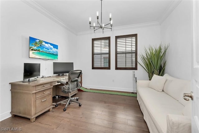 office area with a chandelier, wood-type flooring, and crown molding