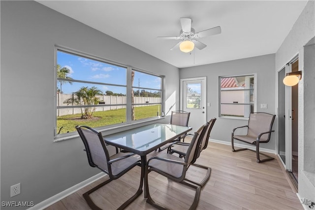 dining area with ceiling fan and light wood-type flooring