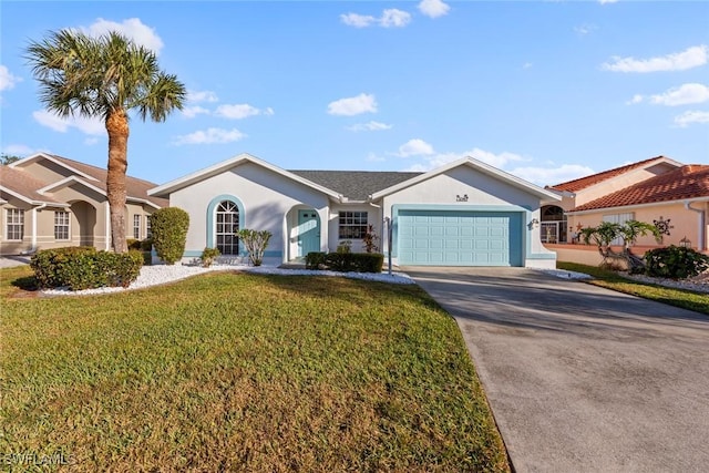 ranch-style house with a garage and a front yard