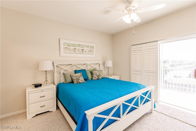 bedroom with ceiling fan, light colored carpet, and access to outside