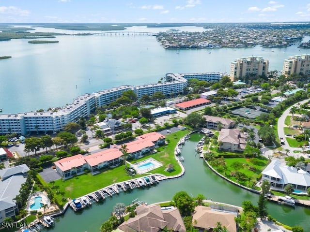 drone / aerial view featuring a water view