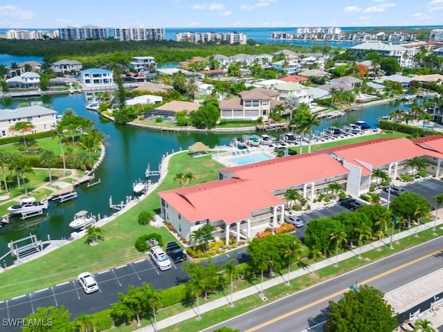 drone / aerial view featuring a water view