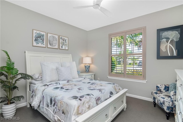 carpeted bedroom featuring ceiling fan