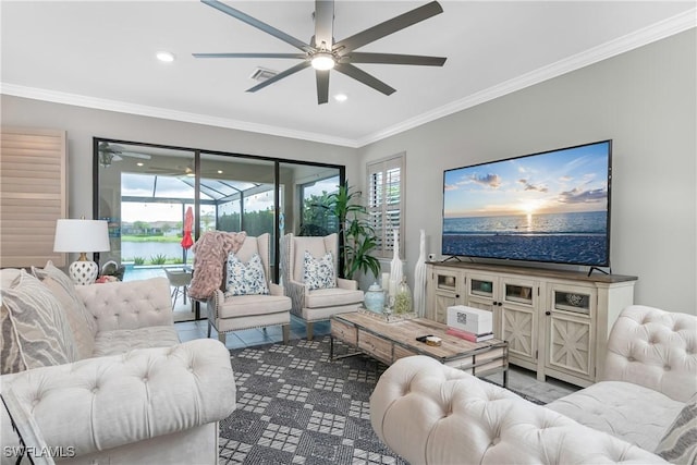 living room with crown molding