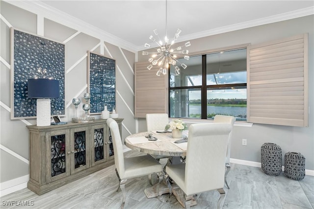 dining room with a chandelier, a water view, and crown molding