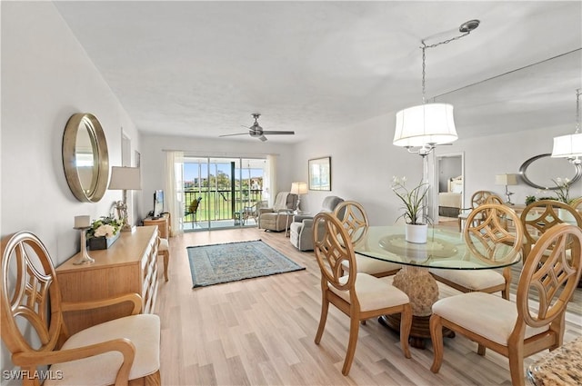 dining room featuring ceiling fan and light hardwood / wood-style flooring